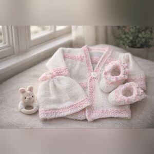 Baby Knitted Cardigan, Hat & Booties Set in White and Pale Pink